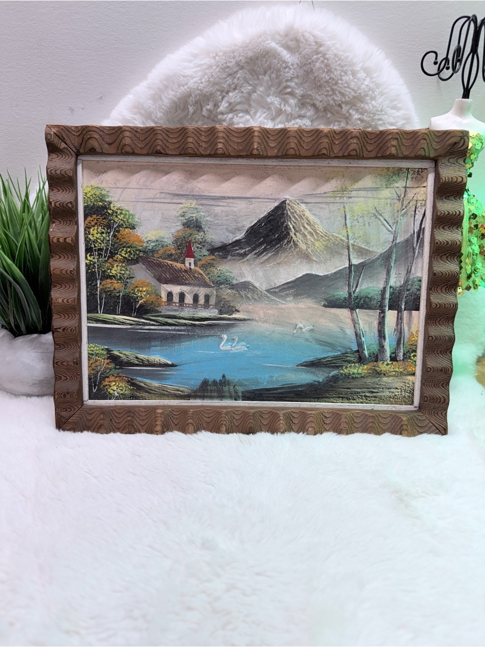 Framed Landscape Painting with Lake, Mountain & Church Blue, Green, Brown Kitsch